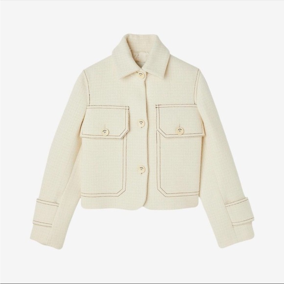 Sandro Jackets & Blazers - Sandro Paris Cropped Jacket Cream Textured Wool Blend Button Front Size 34 XS